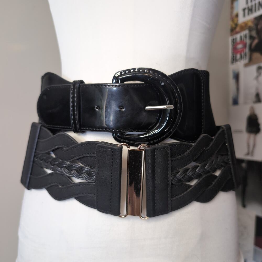 Black Wide Elastic Stretch Belts Set of Two